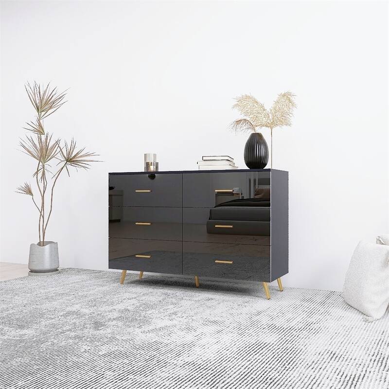 High Glossy Surface 6 Drawers Chest,w/Handle and Steel Legs,Vanity