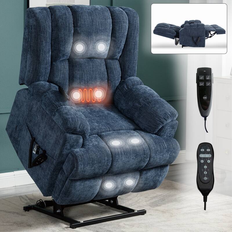Oversized Chenille Upholstered Power Lift Massage Recliner with Massage, Lumbar Heating, 180° Flat Lay