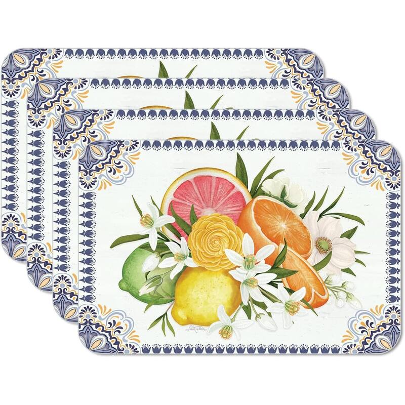 Mediterranean Citrus 4 Pack Reversible Easy Care Flexible Plastic Placemats Made in The USA BPA Free Easily Wipes Clean - Set of 4