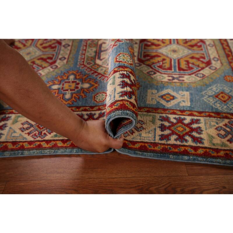 Blue Geometric Kazak Foyer Rug Hand-Knotted Wool Carpet - 3'5" x 4'11"