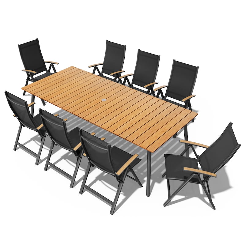 7/9-Piece Outdoor Rectangle Aluminum Dining Table with Umbrella Hole include Folding Chairs