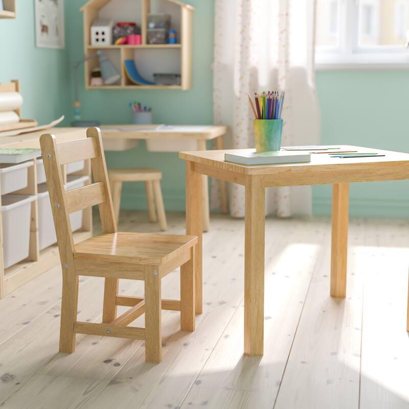 Kids 3 Piece Solid Hardwood Table and Chair Set for Playroom, Kitchen