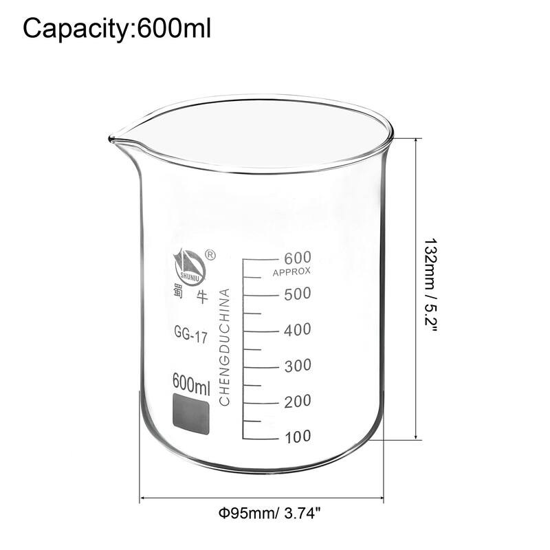 600ml Low Form Glass Beaker, 3.3 Borosilicate Lab Measuring Cups - Clear