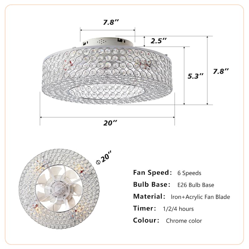 19.6'' Crystal Ceiling Fans with Remote, Flush Mount Ceiling Fan with Light, Chandelier Fan 6 Speed DC Motor Reversible