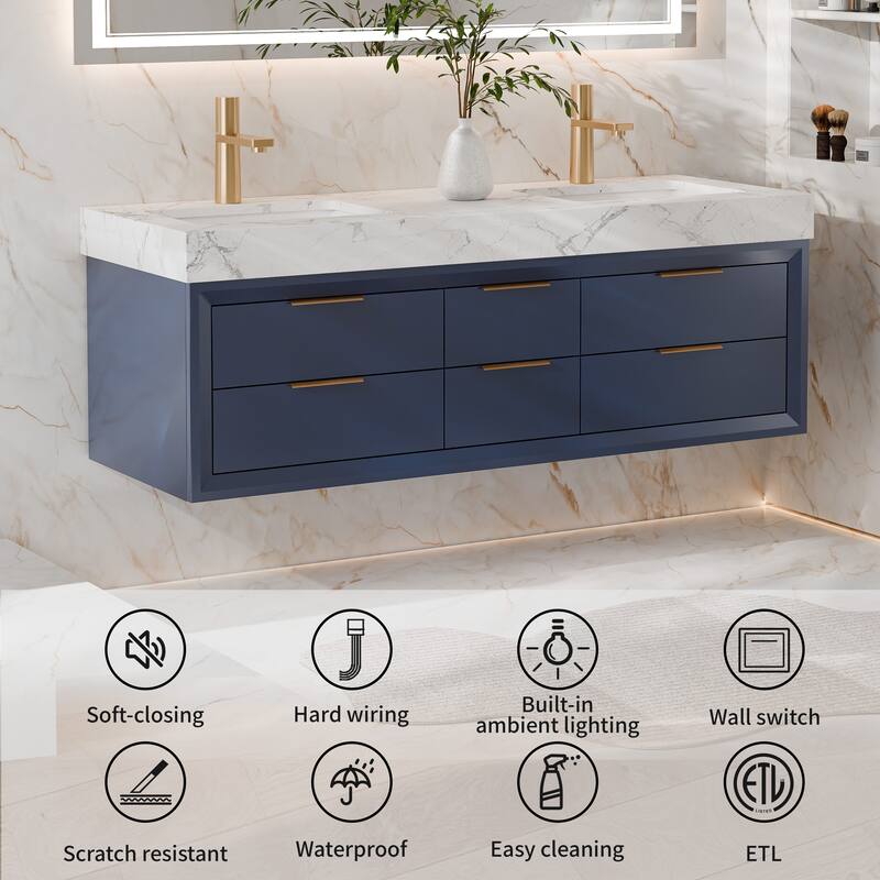 Modland 60" Modern Floating Bathroom Vanity with Double Sink, Soft-Close Drawers, White Stone Countertop
