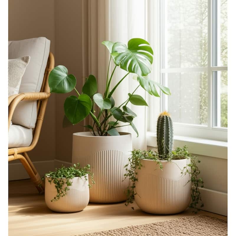 Polyresin Planter Carved Sculptural Design Minimalist Style (Set of 3) - 18" x 18" x 16" - Ivory