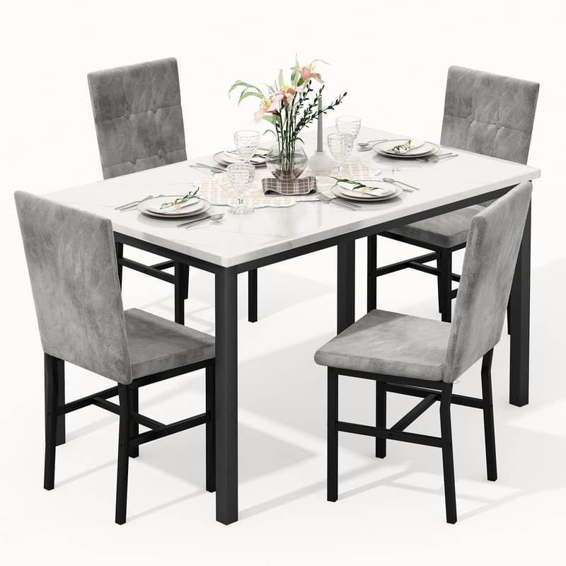 Grondin Modern Style 5 Pieces Dining Table Set For 4, Faux Marble Dining Room Table Set With 4 Upholstered Dining Chairs