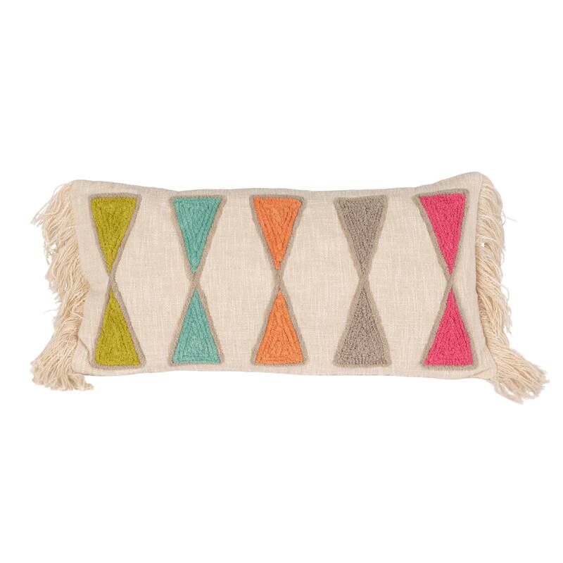 Cotton Lumbar Pillow with Embroidery and Fringe - Bright Multicolors