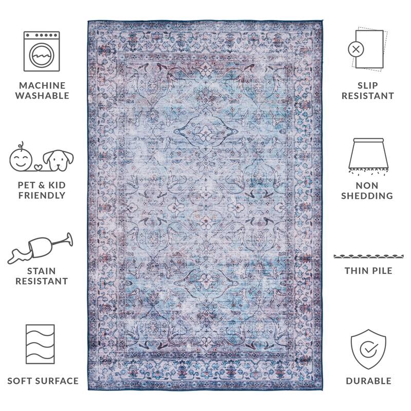 SAFAVIEH Tucson Machine Washable Slip Resistant Magdalene Traditional Rug - 3' x 5' - Aqua/Pink