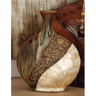Brown and Cream Ceramic Capiz Shell Traditional Novelty Vase