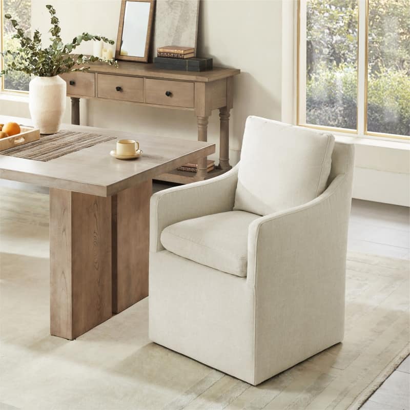 Hailey Dining Arm Chair with Caster Wheels Fabric Fully Assembled