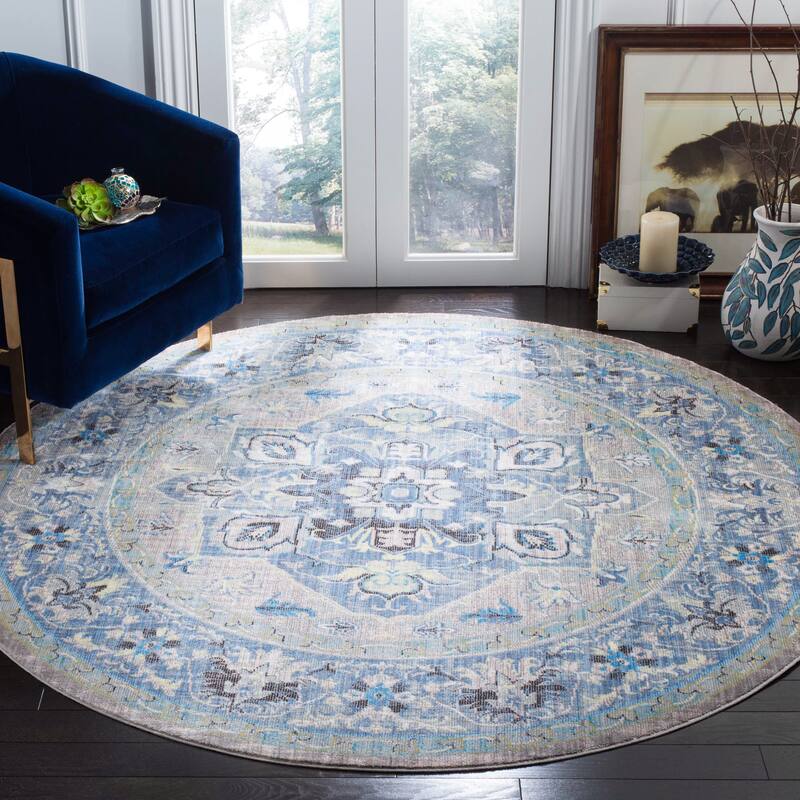SAFAVIEH Claremont Lieve Vintage Boho Oriental Polyester Rug - 6'7" Round - Blue/Light Grey