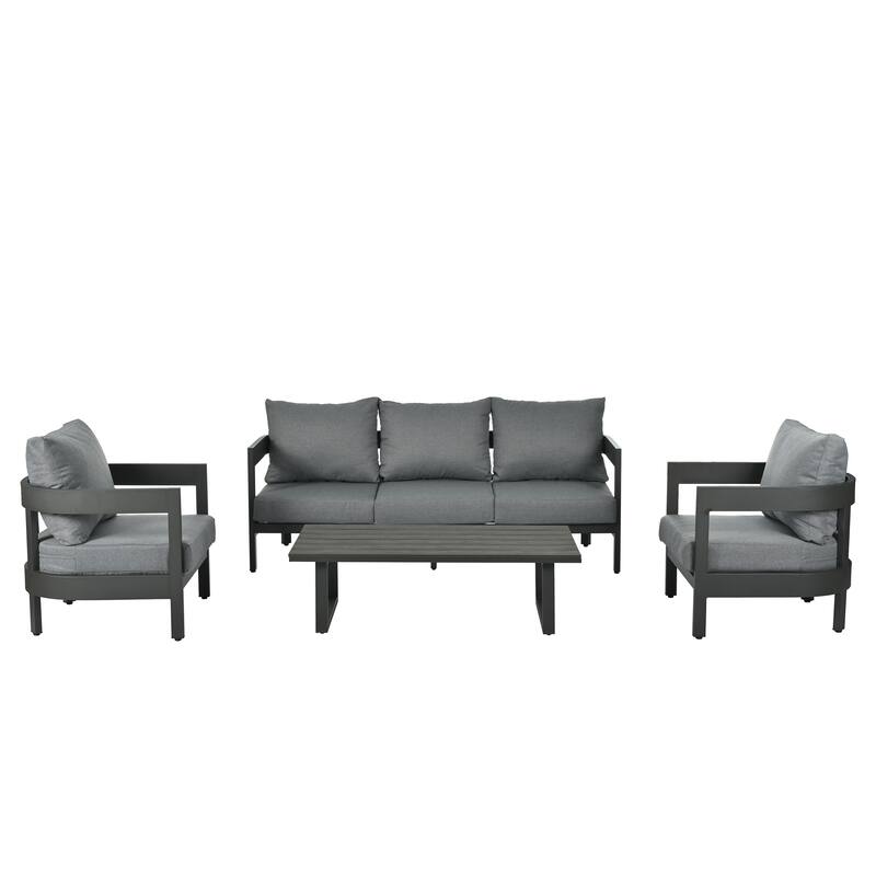 Iron Outdoor Seating Set with Thick Cushion Chairs, Plastic Wood Table - Gray