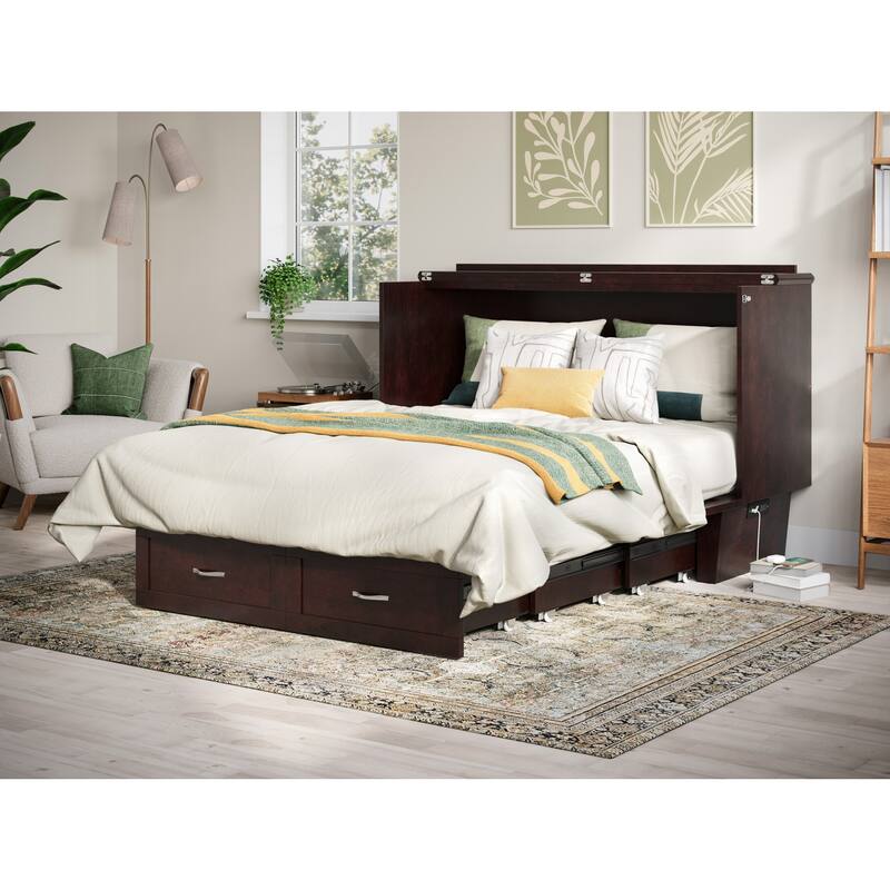 Mid-Century Modern Queen Solid Wood Murphy Bed Chest with Mattress