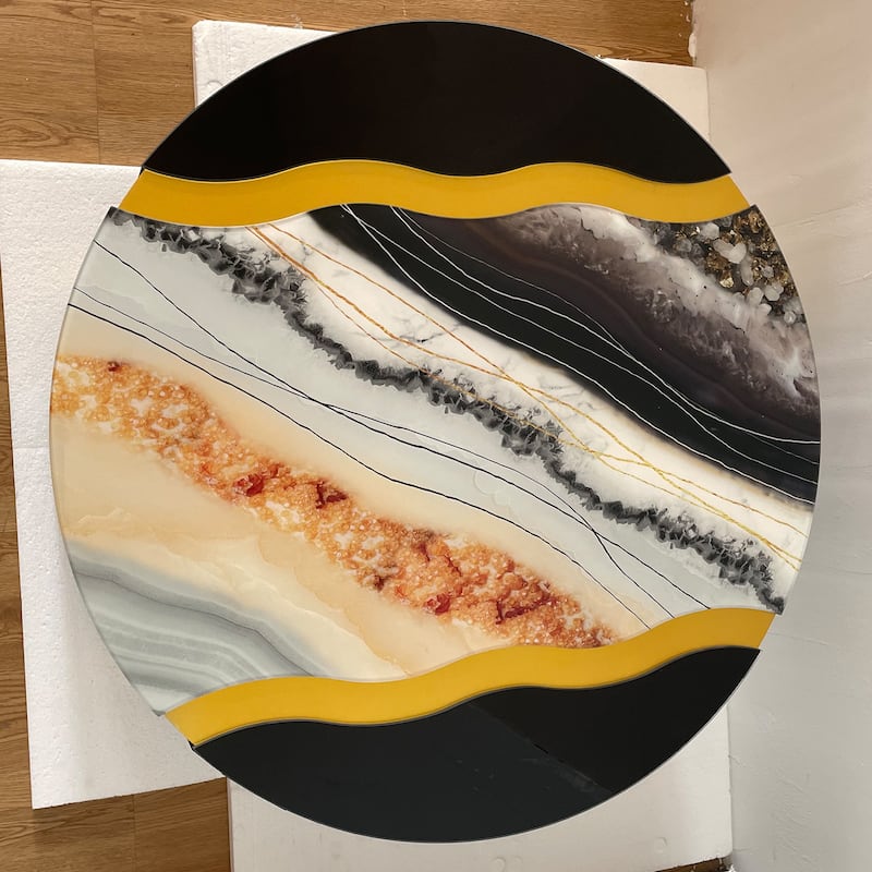 Marble pattern sticker Round Coffee Table, Cylindrical Silver Mirror with Gold Dust Finish, Modern Home Decor Table