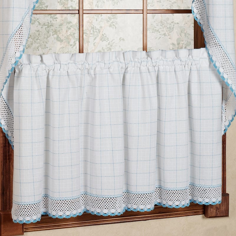 Cotton Classic White Blue Window Pane Pattern and Crotchet Trim Tiers Swags and Valance Options - 24 x 60 tier pair