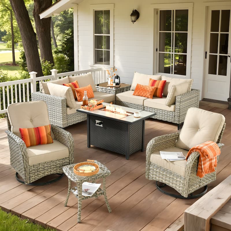 XIZZI 9-piece Patio Furniture Outdoor Wicker Chair Set with Fire Table - Beige