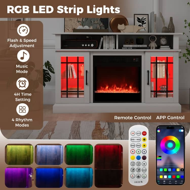 MDF Fireplace TV Stand with RGB LED, Remote and Storage - 48" L x 16" W x 29" H