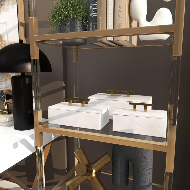 Black, Green or White Marble Box with Gold Handle (Set of 3) - S/3 12", 10", 8"W