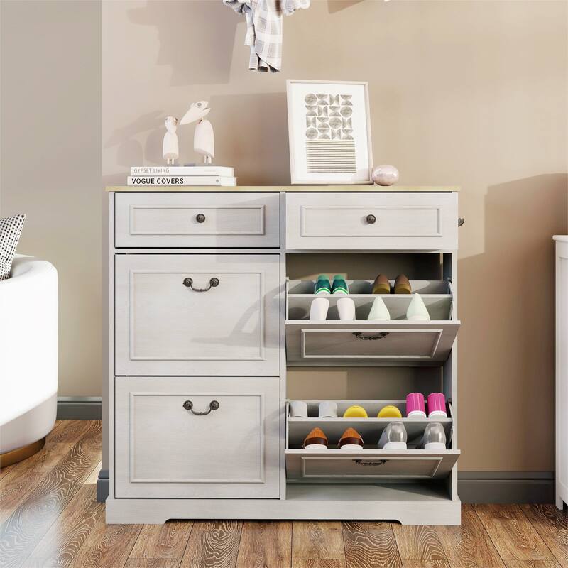 Antique White Slim Shoe Storage Cabinet – Freestanding Organizer with 2 Drawers, 4 Flip-Up Compartments, and Adjustable Shelf - Antique White