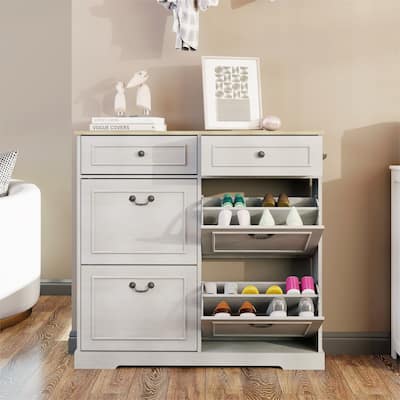 Antique White Slim Shoe Storage Cabinet – Freestanding Organizer with 2 Drawers, 4 Flip-Up Compartments, and Adjustable Shelf