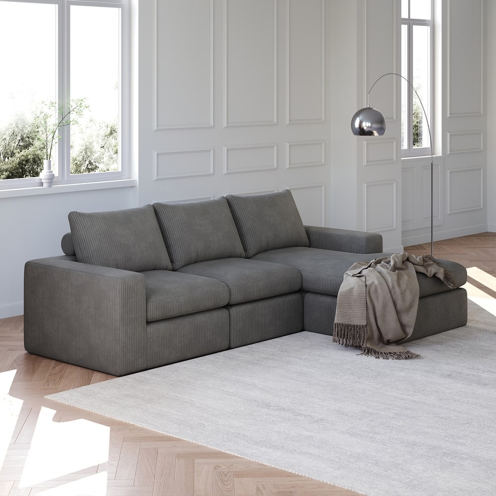 Roomfitters Modern 3-Seater Corduroy Cloud Sectional Sofa with Chaise, L-Shaped Boneless Couch with Pillows