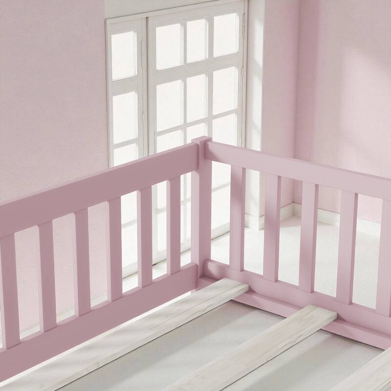 Full Size Rubber Wood Floor Bed with Fence and Door, Montessori Platform Bed with Safety Guardrails for Kids