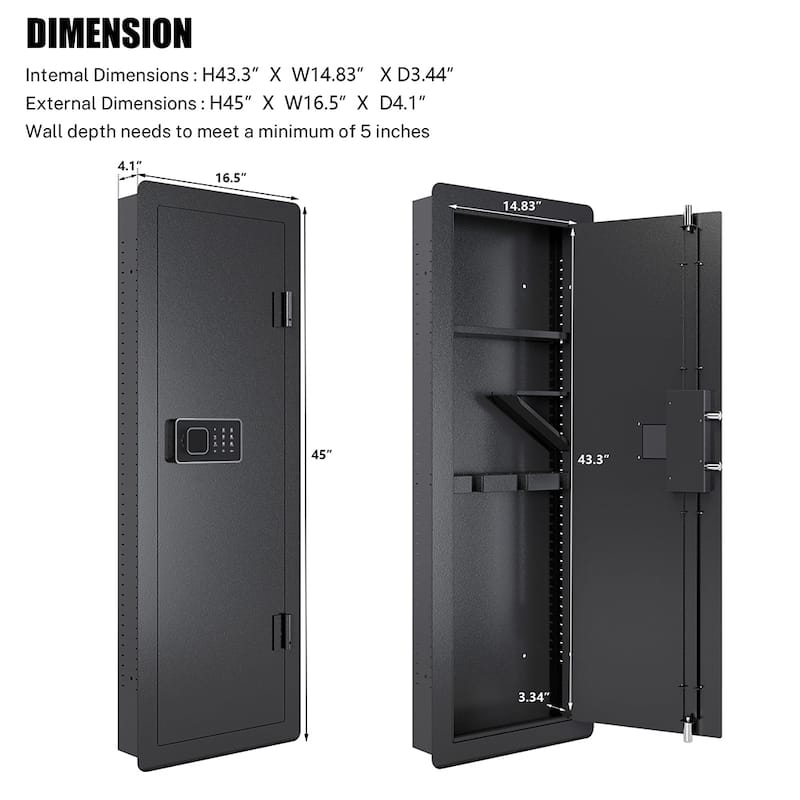 In Wall Hidden Gun Cabinet, Gun Safe w/ Keypad & Adjustable Rack