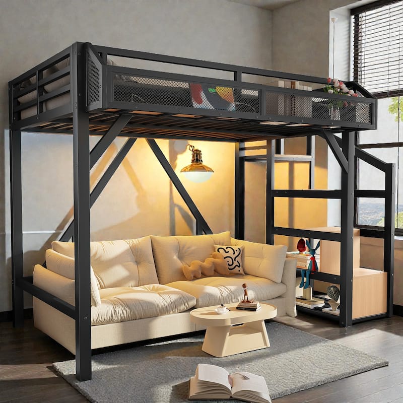 Metal Loft Bed with Storage Stairs, Wardrobe and Shelves, USB Ports and LED Lights, Noise Reduced Frame