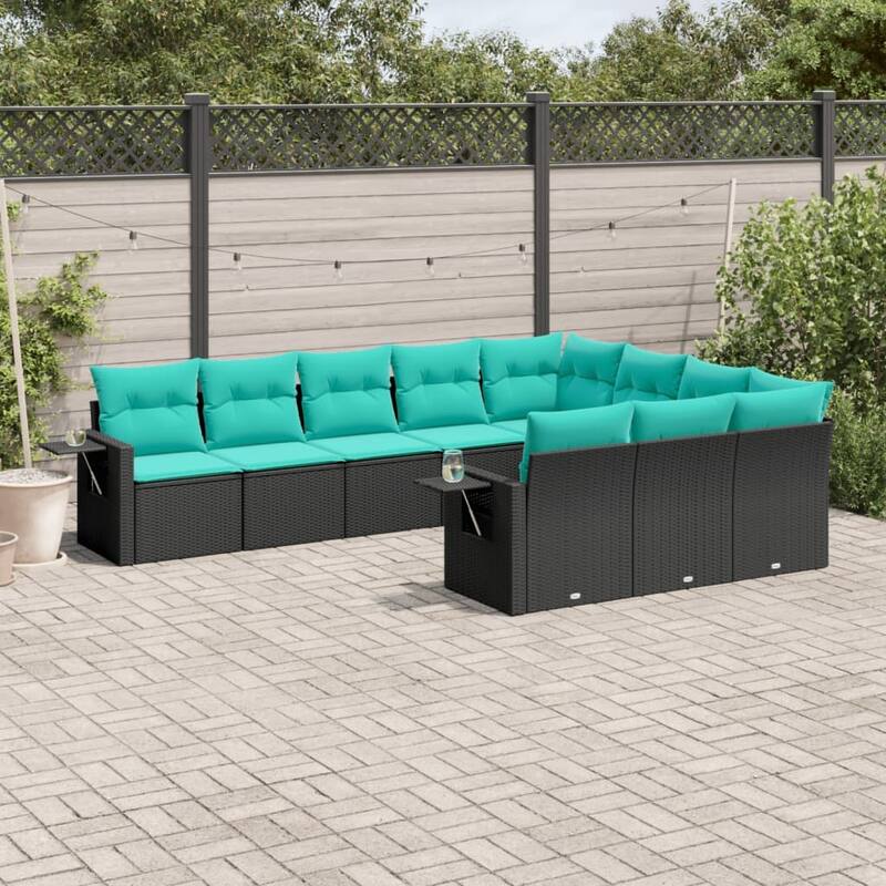 vidaXL 10 Piece Patio Sofa Set with Cushions Black Poly Rattan - 21.7x27.2x24.4-Without table
