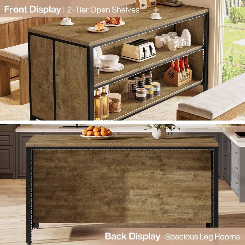 62.99" Kitchen Island with Storage and Seating - Farmhouse Stationary Island Table - 62.99" W x 23.62" D x 35.43" H