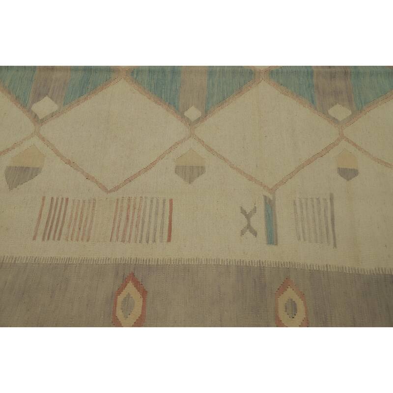 Hand Woven Oriental 100% Wool Carpet Southwestern Tribal Beige & Ivories Kilim Area Rug - 9' 10'' X 8' 0''