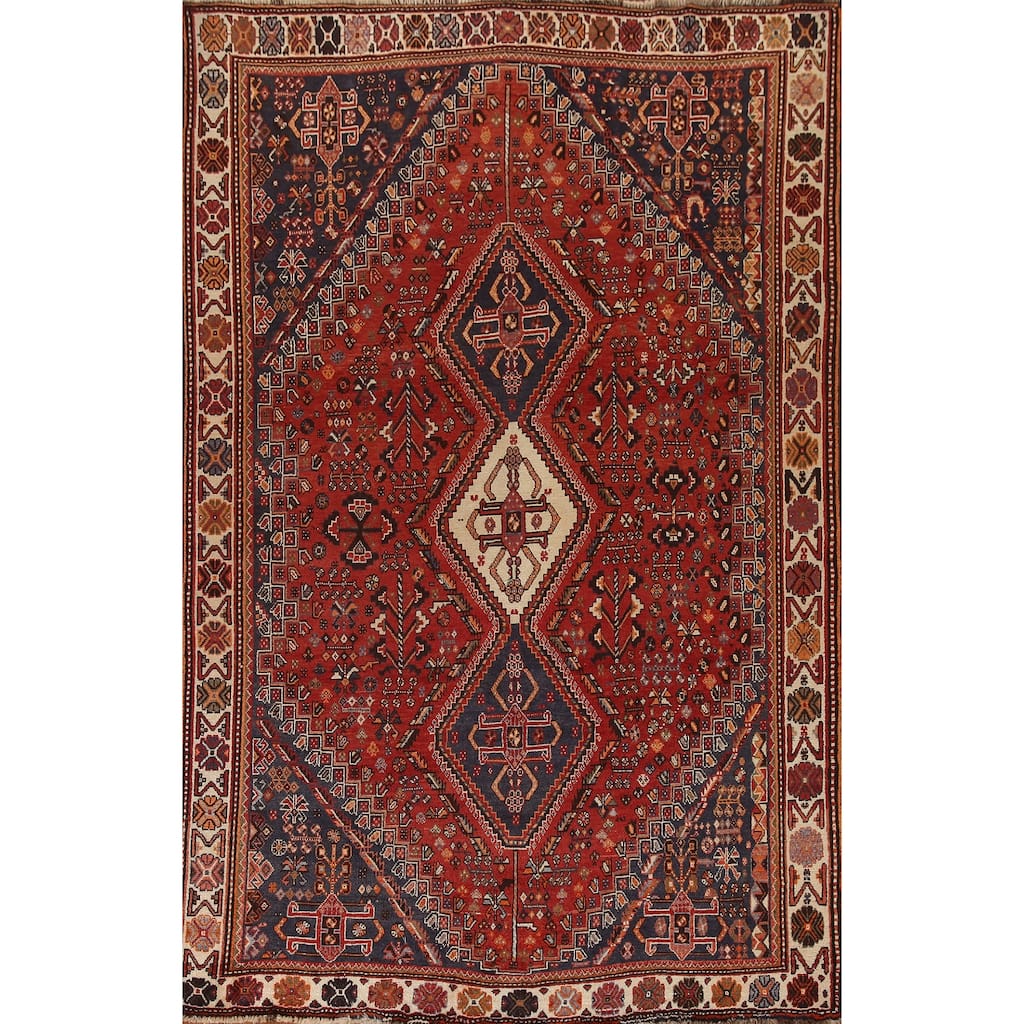 Traditional Orange Shiraz Persian Vintage Rug Handmade Wool Carpet - 5'10"x 9'5"