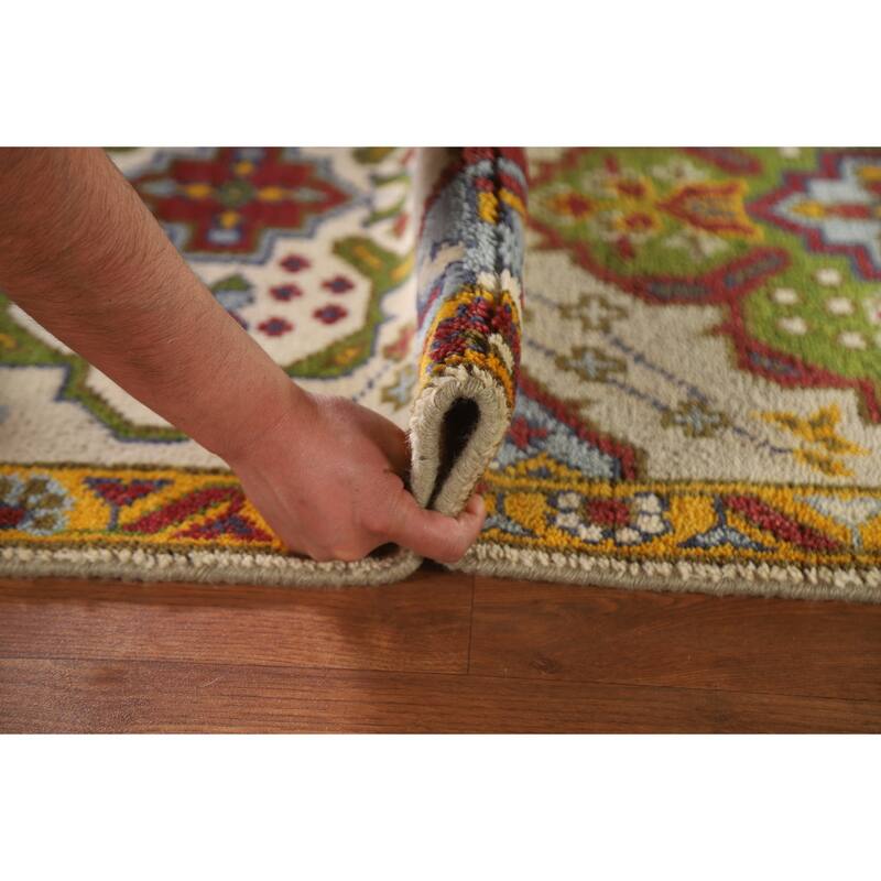 Geometric Beige Kazak Indian Rug Handmade Wool Carpet - 2'7"x 6'0"