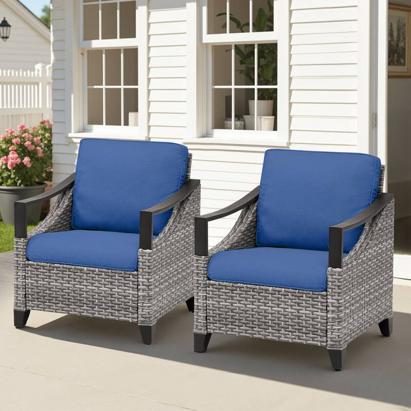 Pocassy Outdoor Wicker Patio Chairs with Cushion Set of 2 - Gray Wicker Blue Cushion - 2-Piece Patio Chair with Thick Cushions