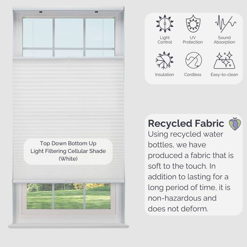 Linen Avenue Cordless Top Down Bottom Up Cellular Shade, White (Arrives 1/4" Narrower)