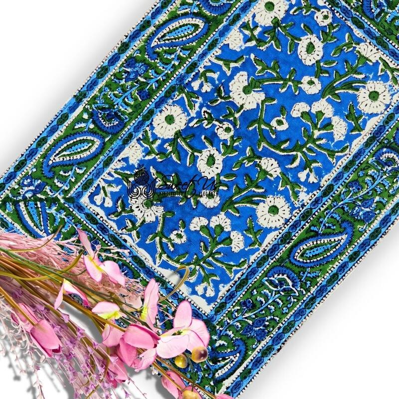 Royal Paisley Floral Cotton Block Print Tablecloth Rectangle - Set of 4 Placemats - Ocean Blue