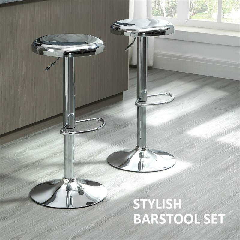 Set of 2 Adjustable Height Silver Steel Bar Stools with Swivel and Footrest for Kitchen - 15.25" W x 15.25" D x 24.5-32.75" H