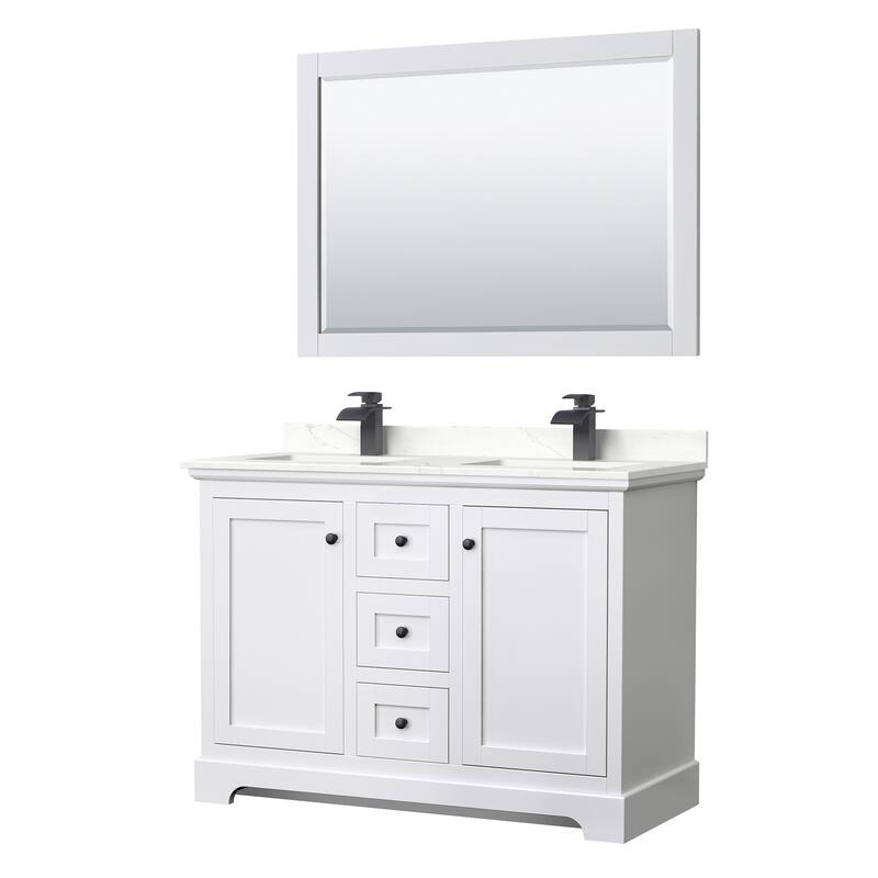 Avery 48-inch Double Vanity, Quartz Top, 46-inch Mirror - White, Black Trim, Giotto Quartz Top