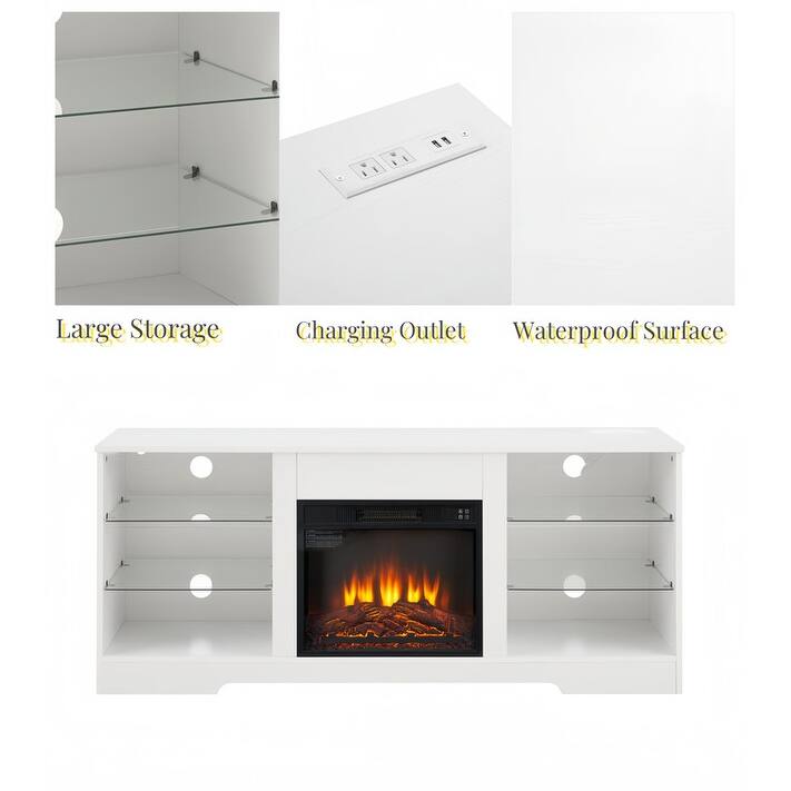 58" Modern TV Stand with Electric Fireplace, LED Lights, USB Charging & Glass Shelves for TVs up to 62"