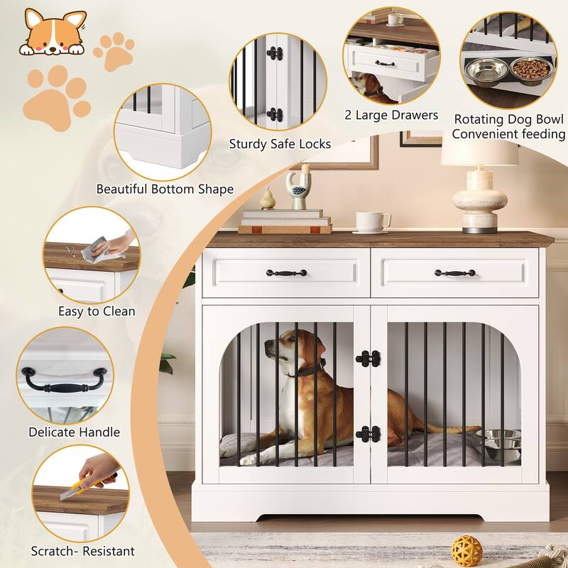 43.3" Dog Crate Furniture, Heavy Duty Indoor Dog Kennel with 2 Storage Drawers, Dog Cage with Side Doors for Medium Large Dogs