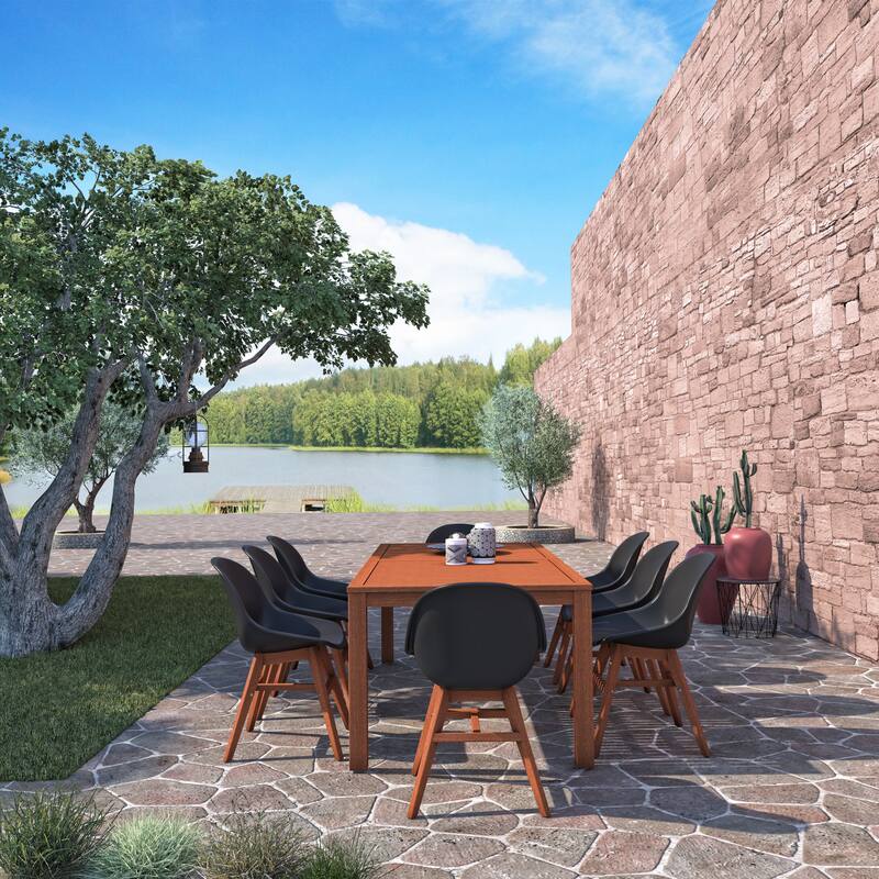 Amazonia Hawaii 9 piece FSC Certified Wood Outdoor Patio Dining Set - 9pc - Dark Wood Finish and Black Chairs