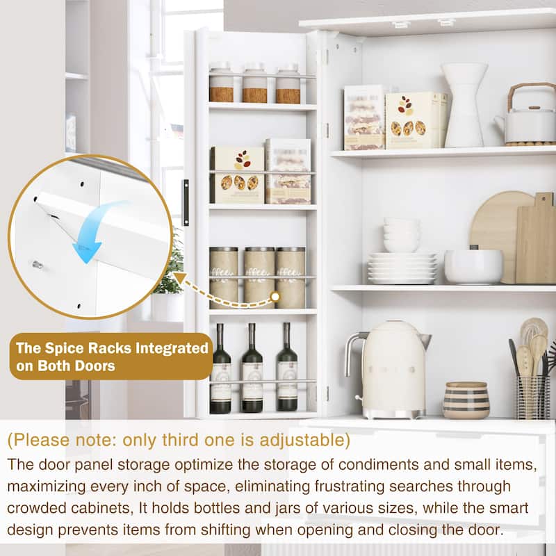 Fluted Kitchen Pantry Cabinet, 2 Doors Freestanding Kitchen Storage Cabinet with 2 Drawers, 8 Spice Racks & Adjustable Shelves