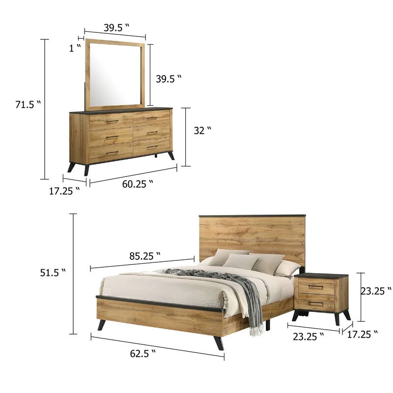 Wemy 4 Piece Queen Size Bed Set, Rustic Brown Pine Wood, Tapered Legs