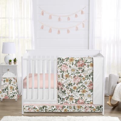 Sweet Jojo Designs Blush Pink Yellow Vintage Floral Boho Girl 5p Nursery Crib Bedding Set Green White Bohemian Shabby Farmhouse