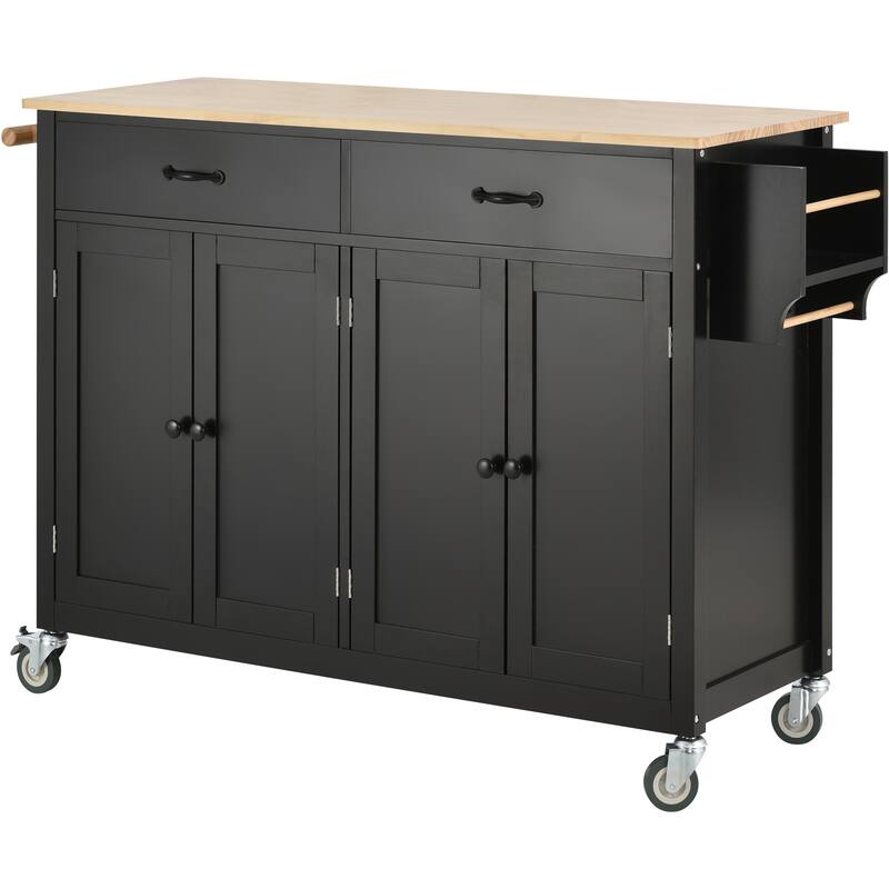 Black Solid Wood Kitchen Island with Locking Wheels, Rolling Kitchen Cart, Closed Storage Kitchen Cabinet with Rack