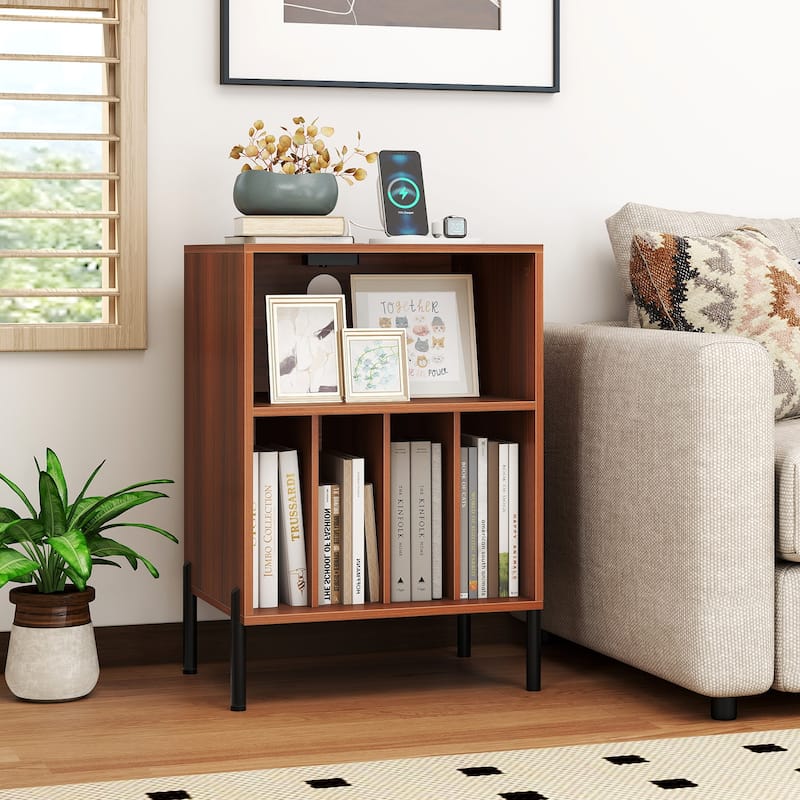 Gymax Record Player Stand w/Charging Station 5 Storage Compartments