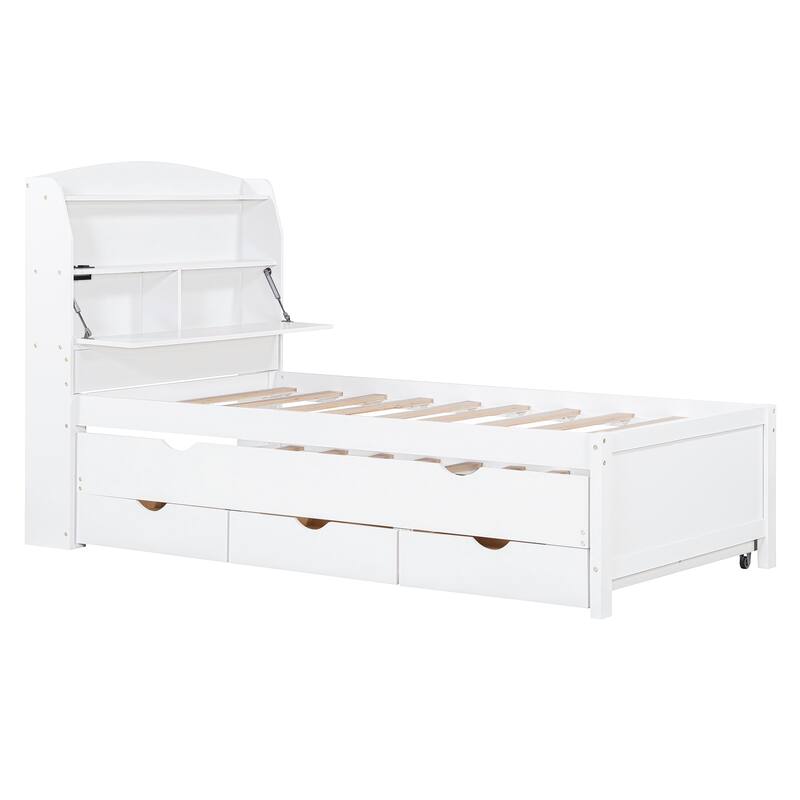 Roomfitters Twin Platform Bed with Trundle, LED Headboard Storage, USB Ports and Under-Bed Bins, No Box Spring, White