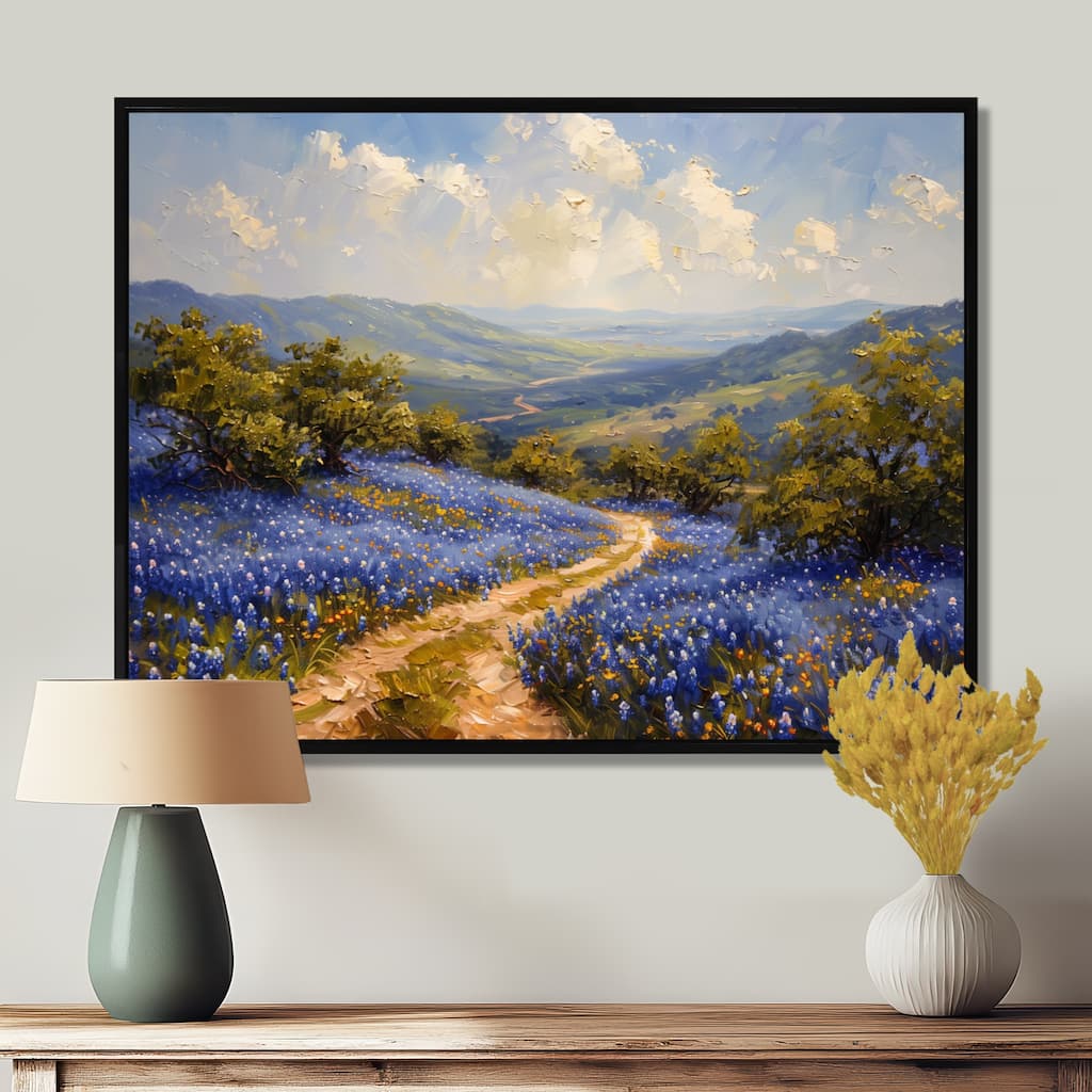 Designart "Blue Green Summer Meadow Charm Blue Bonnets IV" Blue Bonnets Framed Wall Art Traditional Blue Wall Art Print