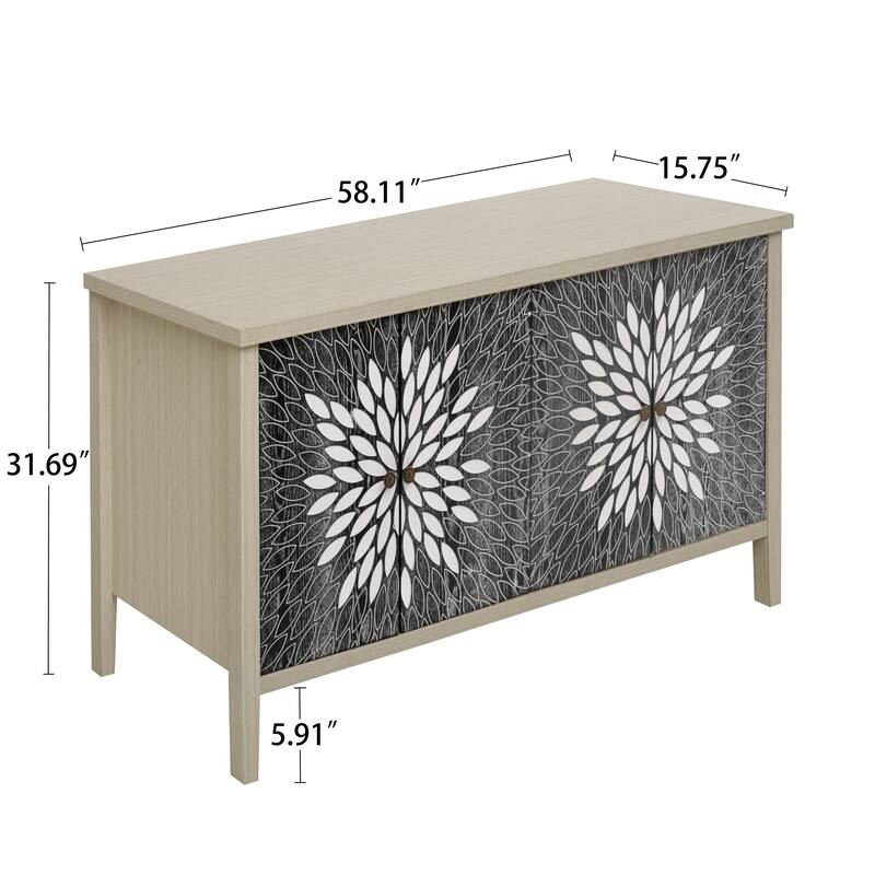 58" Modern Wood Grain Sideboard Cabinet with Carved 4 Doors & Adjustable Shelves for Kitchen or Entryway